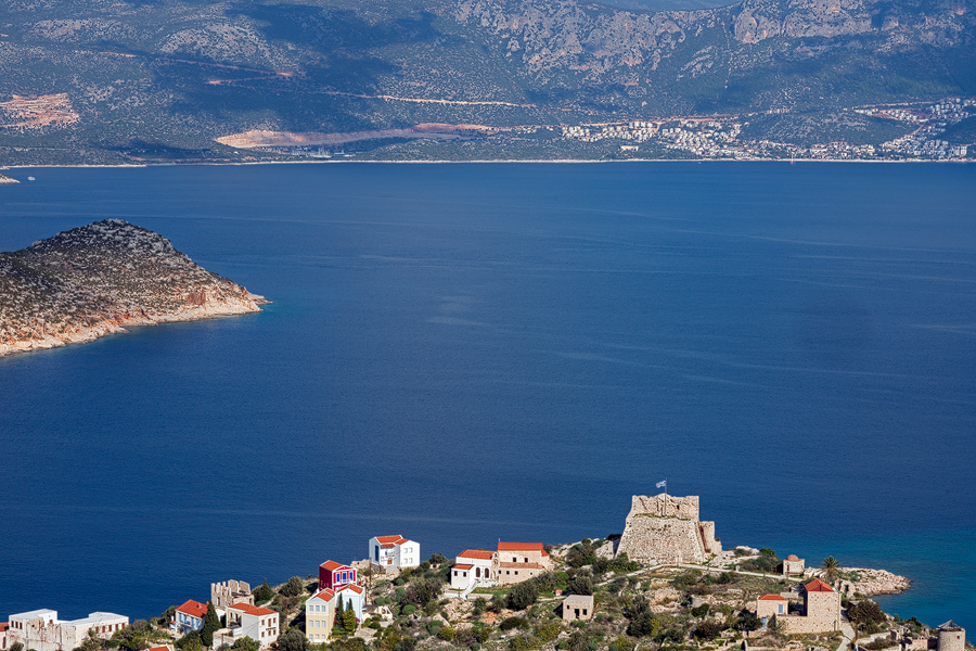 Kaş viewed from Kastellorizo, with the castle of the Knights of St John standing watch.