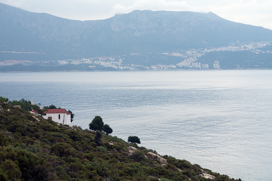 Kaş viewed from Kastellorizo, with the small church of Aghios Stephanos.