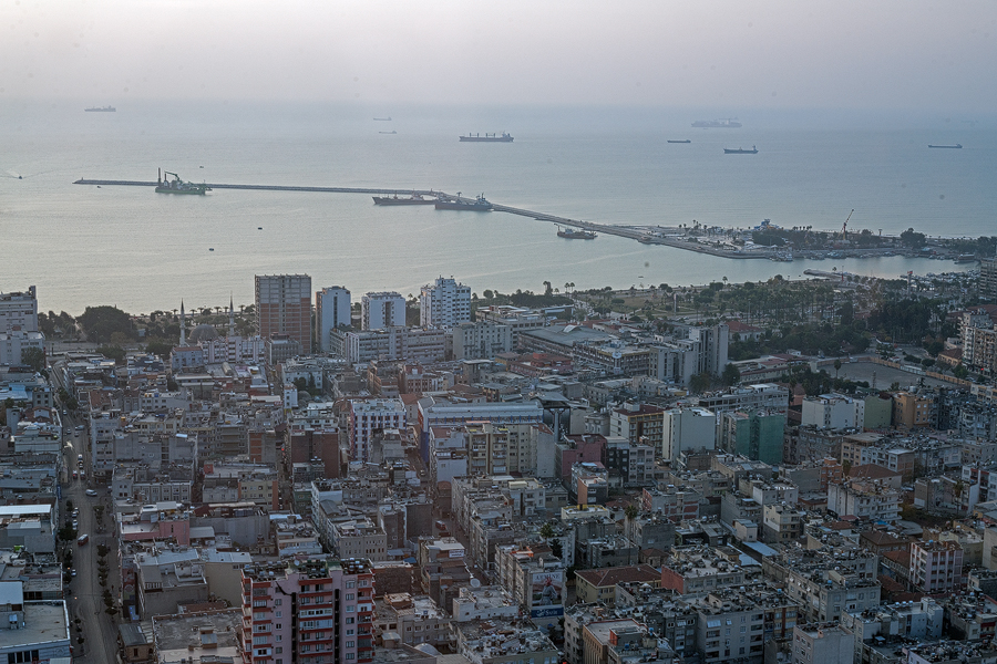 Mersin, a busy city of a million inhabitants, behind which rise the Cilician Taurus Mountains.