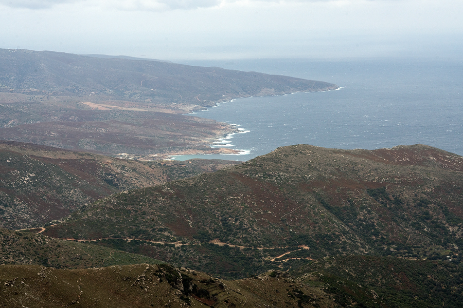 The north-east-facing coast of Andros, viewed from nearly the highest point on the island.