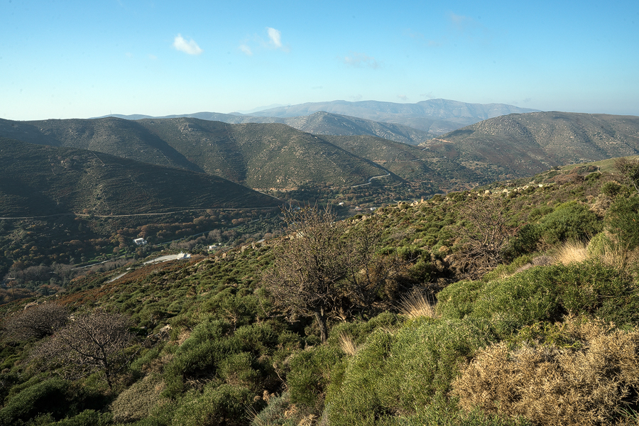 Central Andros. The hills are composed of soft, flaky schist and have a rounded appaerance.