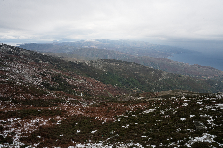 The northern end of Andros, seen from almost the highest point on the island. The topography is rolling and rounded.